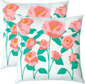 Embroidered Decorative Throw Pillow Cover, 18"x18" Set of 2, Farmhouse Pillowcase Pink Rose Knit Pattern Cotton Canvas Cushion Case Square Floral Pillow Case for Sofa Couch Bed Living Room…-Ruum Studio Home