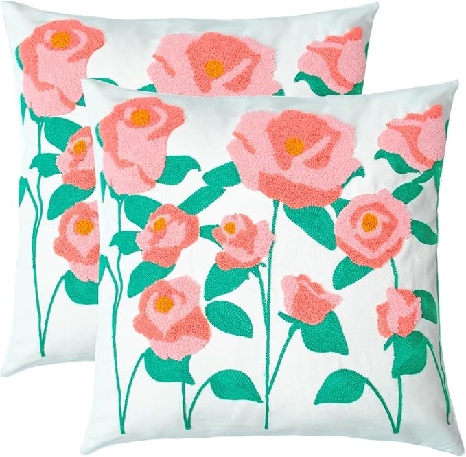 Embroidered Decorative Throw Pillow Cover, 18"x18" Set of 2, Farmhouse Pillowcase Pink Rose Knit Pattern Cotton Canvas Cushion Case Square Floral Pillow Case for Sofa Couch Bed Living Room…-Ruum Studio Home