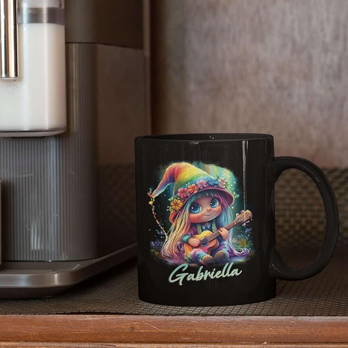 Customized Adorable Gnome With Guitar Mug 11oz 15oz, Personalized Name Coffee Cup, Gnome And Northern Lights Mug, Custom Whimsical Music Ceramic Cup, Gnome Black Mug Gift For Kids-Ruum Studio Home