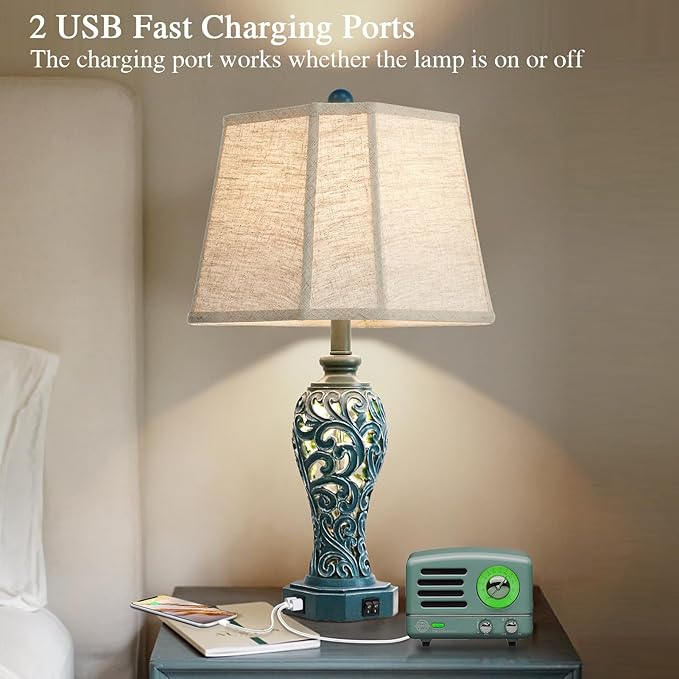 25'' Farmhouse Table Lamps Set of 2 for Living Room Bedroom, 2 USB Ports Coastal Vintage Table Lamp with Nightlight, Blue Green Hollow Out Resin Lamp for End Table (Bulbs Included)-Ruum Studio Home