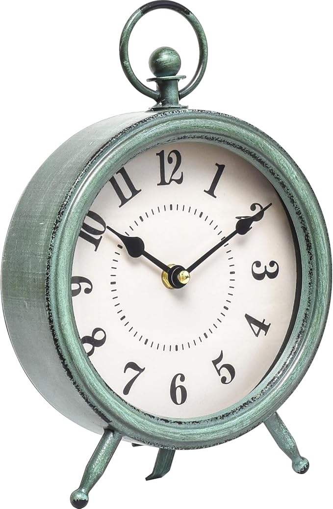 Vintage Rustic Green Table Clock on Stand, Decorative Desk and Shelf Clock，Decorative Battery Operated Table Top Clock for Living Room，Silent Non-Ticking-Ruum Studio Home