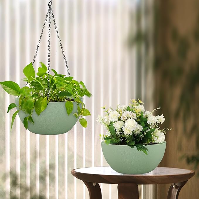 8 inch Small Hanging Planters Plant Pots for Indoor Outdoor Plants, 2 Pack Hanging Flower Pots with Drainage Holes and Chain for Garden Porch, Plastic Hanging Baskets for House Plants, Green-Ruum Studio Home