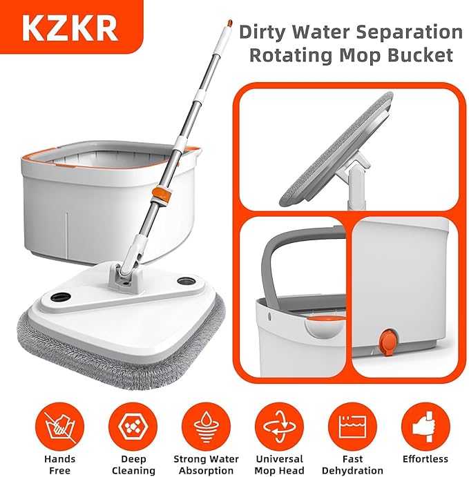 KZKR Spin Mop and Bucket Set with Self Separation Dirty and Clean Water System, Self Wringing 360° Rotating Square Mop Head for Home Floors Cleaning (1.0 Mop and Bucket Set (6 Pads))-Ruum Studio Home
