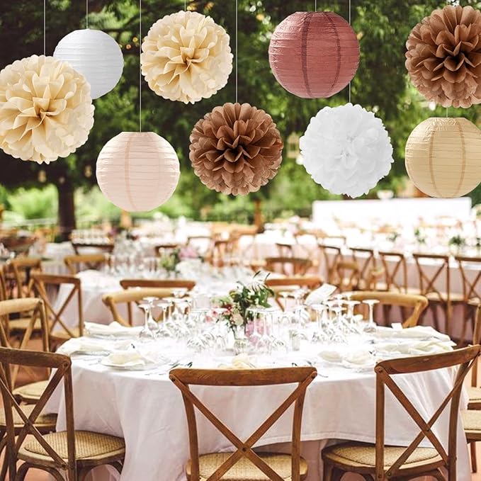 Boho Rustic Wedding Party-Decorations Paper Flowers Lanterns - 15PCS Fall Baby Shower Gender Neutral Streamers,Brown Champagne White Tissue Pom Poms,Autumn Birthday Bridal Decor Hugfond-Ruum Studio Home