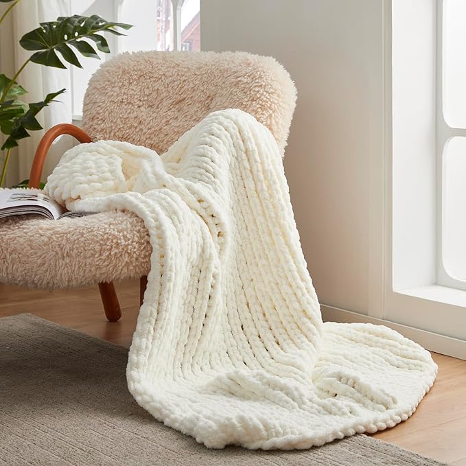 Amélie Home Chunky Knit Throw Blanket for Couch, Soft Chenille Crochet Blanket for Sofa, 50"x60", Ivory-Ruum Studio Home