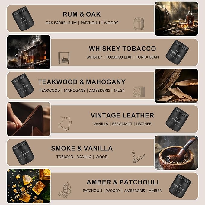 Scented Candles Set | Gifts for Men - 6Pack Candle Set - Masculine Candle, Soy Candles for Home Scented, Aromatherapy Gift - Fragrance of Smoke Vanilla/Leather/Mahogany/Tobacco/Oak/Amber Patchouli-Ruum Studio Home