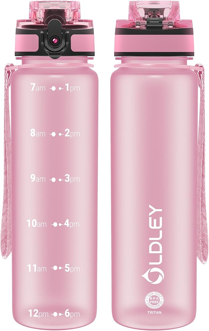 OLDLEY 32 oz Water Bottle, Motivational Water Bottle with Time Marker, Sports Water Bottle With Strap, Leakproof & BPA Free Large Water Bottles for School, Gym, Travel, Outdoor, Tritan,Pink-Ruum Studio Home