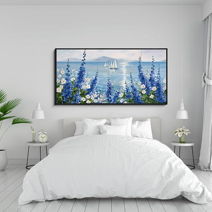 XLSJERST Large Sailboat Wall Art - Blue Canvas Abstract Painting Textured Picture Artwork Vintage Nautical Flower Painting Coastal Modern Print 29"x58" Frame for Living Room Bedroom Home Decoration-Ruum Studio Home