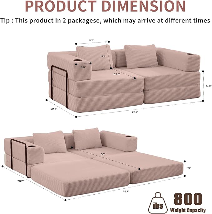 78" W Loveseat Sofa, 4 in 1 Convertible Floor Sofa Bed, Boneless Cloud Couch with Cup Holder, Fold Out Floor Couch, Loveseat Recliner Sleeper for Living Room Bedroom Lounge(Corduroy, White)-Ruum Studio Home