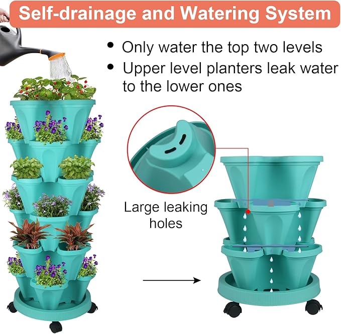 Vertical Planter 6 Tier Stackable Planters Garden Planters Strawberry Herb Flower and Vegetable Planter Indoor Outdoor Gardening Pots with Removable Wheels and Tools-Ruum Studio Home