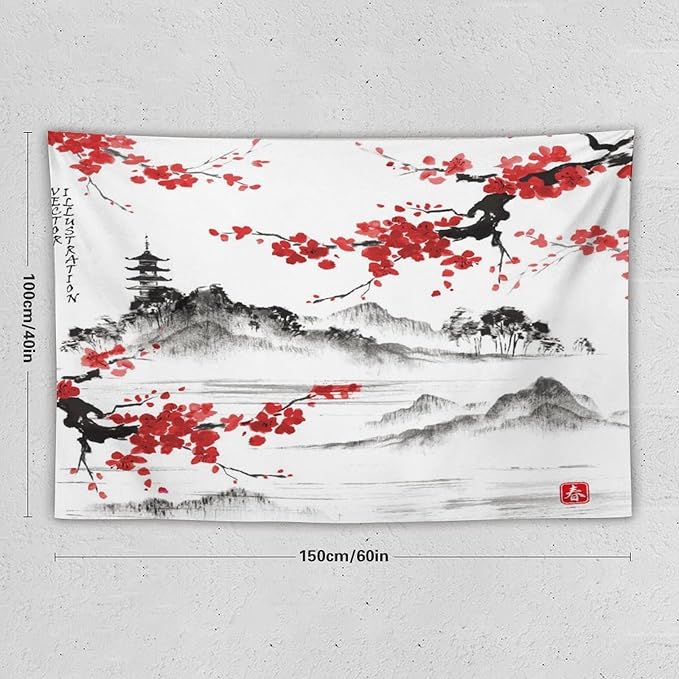 Cherry Blossoms Tapestry, Japanese Fuji Mountain Tapestry, Asian Japanese Wall Tapestry, Nature Landscape Tapestries for Bedroom Living Room Decor 60"x40"-Ruum Studio Home