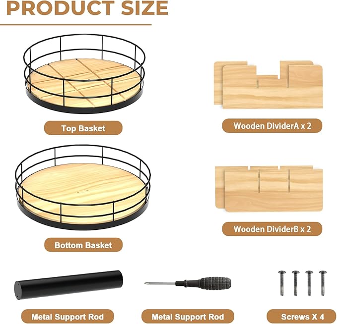 Snack Organizer - Versatile Snack Storage 2 Tier Lazy Susan with Convenient Grab-and-Go Design, Wood and Metal Snack Holder for Home, Office, Breakroom, 12.13" L x 12.13" W x 12.56" H-Ruum Studio Home