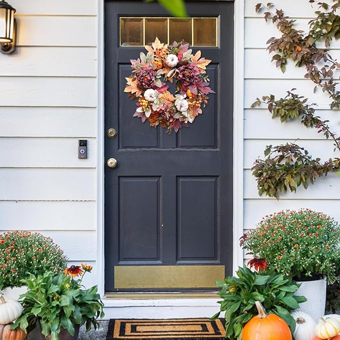 20Inch Fall Wreaths for Front Door,Fall Wreath,Fall Decorations for Home,Autumn Wreaths with White Pumpkins Peony Pine Cones, Fall Door Wreath for Thanksgiving Halloween Indoor Outdoor Decor-Ruum Studio Home