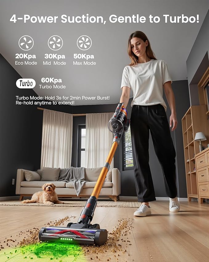 Cordless Vacuum Cleaner for Home, Upgraded 60Kpa Powerful Suction Pet Hair Vacuum with 70min Runtime, Green LED Light for Hardwood Floors & Carpet, Self-Standing Rechargeable Stick Vacuum-Ruum Studio Home