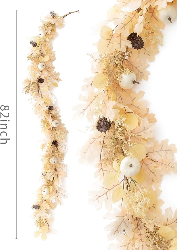 MISSPIN 6FT Boho Fall Garland, Fall Decor Autumn Maples Leaf Garland for Autumn Decor Hanging Vine for Halloween Thanksgiving Home Wedding Fireplace Party Christmas(Beige)-Ruum Studio Home