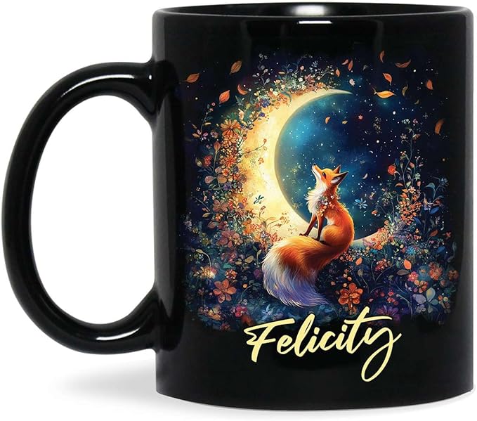 Personalized Name Ceramic Mug, Enchanted Forest Themed Decorative Cup, Custom Cute Fox With Crescent Moon Mug, Customized Floral Fox Coffee Cup 11oz 15oz, Animal Black Mug For Kids-Ruum Studio Home