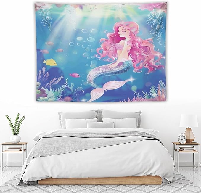 HZOHNAGO Mermaid Girls Tapestry Watercolor Mermaid Princess Pink Hair Pattern for Kids Room Decoration Printed Wall Tapestry Wall Hanging for Bedroom Living Room Dorm 80" W x 60" H-Ruum Studio Home