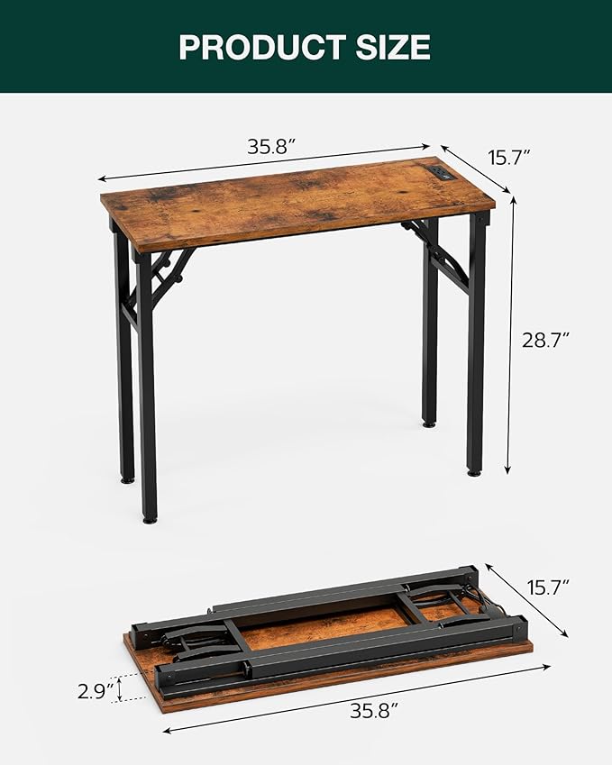Frylr Small Folding Computer Desk – 35.8 Inch Portable Table for Craft and Study, Lightweight Desk for Small Spaces, Foldable Laptop Table Built-in AC/USB Outlets for Convenience, Rustic Brown-Ruum Studio Home