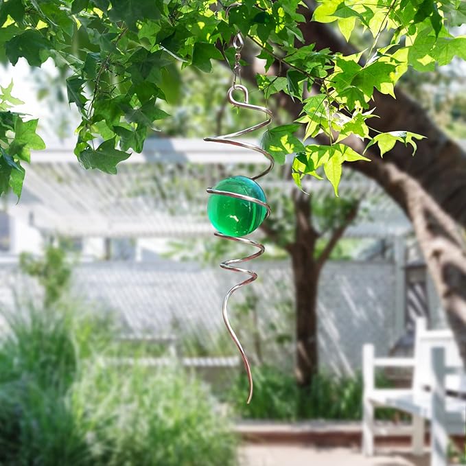 Wind Spinner Tail Gazing Ball Spiral Decorative Wind Spinner Sun Catcher 11inch Tail and 2 inch Glass Orb. Indoor Outdoor Garden Decoration Wind Sculptures-13 inch Height (Green)-Ruum Studio Home