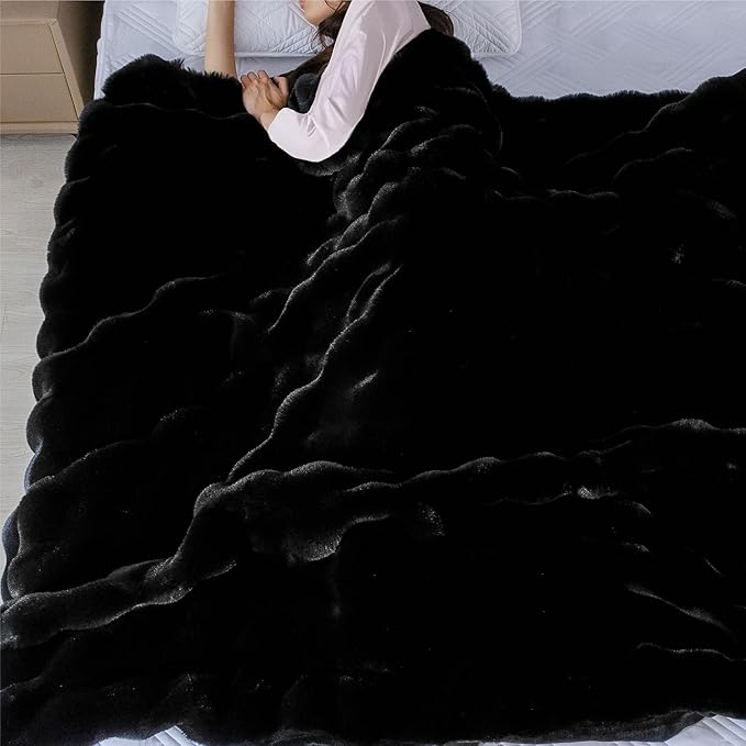 Black Fluffy Thick Fur Throw Blanket 50x60 for Bed Couch Office Chair Bunny Soft Blanket for Adults Gift Home Living Room Decorative Decor 860 GSM-Ruum Studio Home