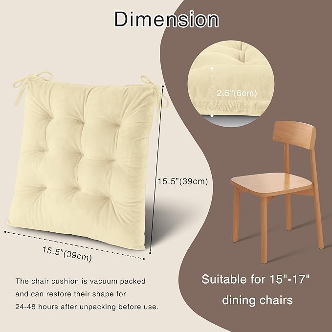 OVOV Chair Cushions for Dining Chairs Set of 6 Tufted Indoor Chair Pads with Ties Soft Square Seat Cushions for Kitchen Chairs 15.5"x15.5",White-Ruum Studio Home
