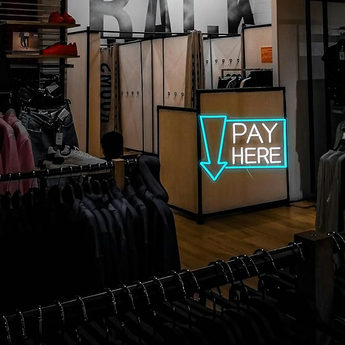Pay Here Neon Sign Bright Ice Blue White Pay Light Up Sign for Business Decor Dimmable LED Words Neon Light for Restaurant Shop Bar Neon Wall Decor (16.5 * 12.8 In)-Ruum Studio Home