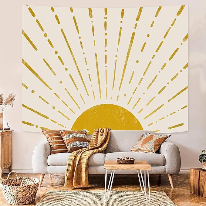Kanuyee Gold Boho Burning Sun Tapestry Wall Hanging, Retro 70s Abstract Vintage Geometric Line Sunrise Tapestries for Bedroom Living Room Backdrop 60×80 inch-Ruum Studio Home