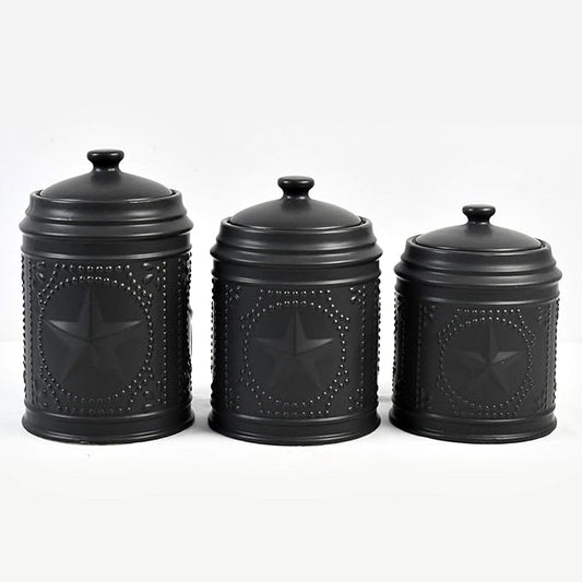 Set of 3 Black Unique Black Star Sealed Storage Canisters, 11"-Ruum Studio Home
