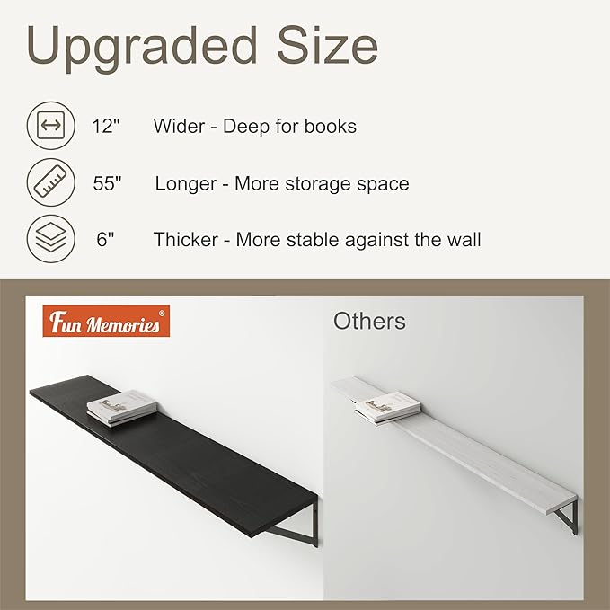 Fun Memories Deep Floating Shelves, 55W x 12D Floating Shelves for Wall, Wood Black Floating Shelf with Bracket, Wide Display & Storage Wall Shelves for Living Room, Bedroom,-Ruum Studio Home
