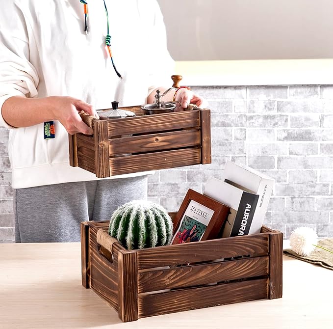 TIMRIS Set of 3 Rustic Wood Nesting Crates, Farmhouse Wooden Storage Container Boxes with Cutout Handles, Decorative Wooden Baskets for Display (Rustic Brown)-Ruum Studio Home