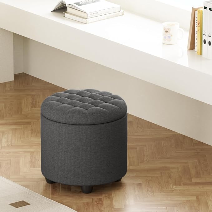 Furniliving 18.7inch Storage Round Ottoman, Footstools with Hidden Storage with Removable Lid, Stylish Button Tufted Design Ottoman Foot Stools for Living Room, Bedroom，Darkgrey-Ruum Studio Home