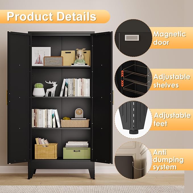 61" H Metal Kitchen Pantry Storage Cabinet, Freestanding Cupboard with 2 Doors and 3 Adjustable Shelves, Standing Storage for Kitchen, Bathroom, Garage, Dinning Room or Utility Room（Black）-Ruum Studio Home