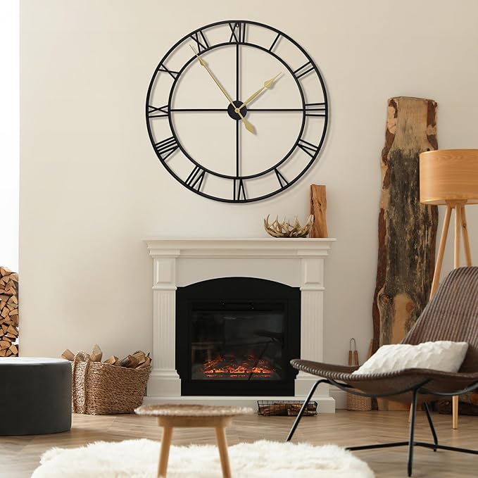 LEIKE 80CM Extra Large Wall Clock - 31" Oversize Modern Black Metal Roman Numeral Nearly Silent Little Ticking Battery Operated Wall Clocks for Living Room, Kitchen,Bedroom Farmhouse Home Decor-Ruum Studio Home