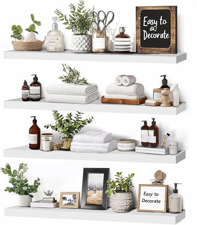 Floating Wall Shelves 4-Pack - Rustic White 16-inch Wooden Wall Shelves for Storage and Décor, Multi-Functional and Easy to Install for Living Room, Bedroom, and Kitchen-Ruum Studio Home