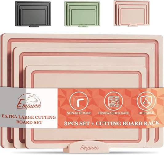 Empune Plastic Cutting Board Set, Recycled Plastic Cutting Boards for Kitchen (Set of 3), Dishwasher Safe Large Chopping Board with Holder, Non-slip Feet and Juice Grooves, Nonporous, Pink-Ruum Studio Home