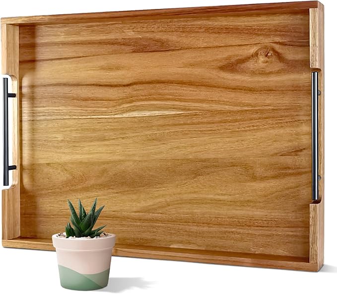 22 Inches Acacia Wood Serving Tray with Metal Handles, Large Wooden Rectangle Ottoman Tray, Decorative and Durable Design for Living Room Coffee Table Couch Kitchen-Ruum Studio Home