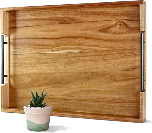 22 Inches Acacia Wood Serving Tray with Metal Handles, Large Wooden Rectangle Ottoman Tray, Decorative and Durable Design for Living Room Coffee Table Couch Kitchen-Ruum Studio Home