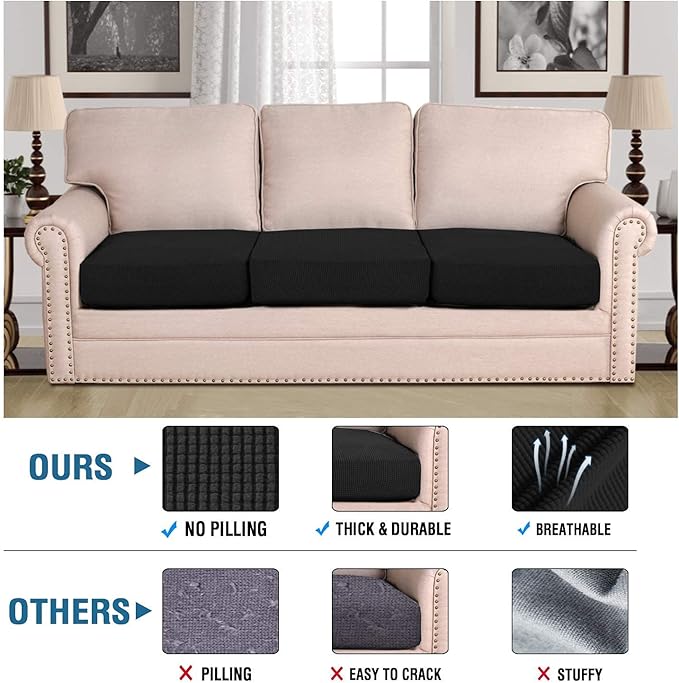 H.VERSAILTEX Super Stretch Individual Seat Sofa Covers Couch Slipcover Sets Thick Jacquard Textured Twill Fabric (3 Piece XL Cushion Covers, Black)-Ruum Studio Home