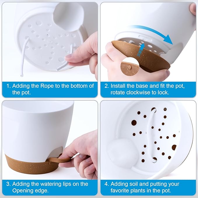 Uneed Indoor Self Watering Planters with Drainage Holes and Saucers, 7/6.5/6/5.5/5 Inch-5 Pots,for Indoor Plants, Herbs, Succulents (White)-Ruum Studio Home