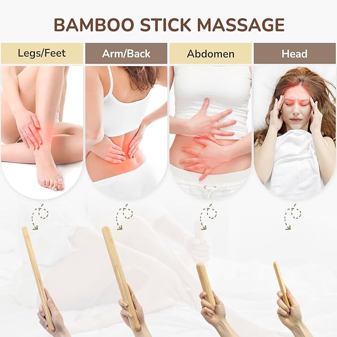 4PCS Solid Bamboo Massage Sticks & Guasha Set with Roller/Stick - 100% Bamboo Therapy Tools for Neck/Arm/Back/Legs/Full Body, Deep Tissue Massage, Muscle Relaxation, Body Shaping, Fatigue Relief-Ruum Studio Home