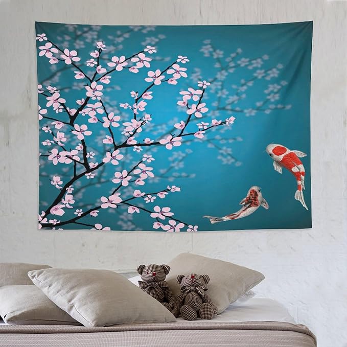 Houselerax Japanese Koi Fish Tapestry, Cherry Blossoms Asian Oriental Green Teal Flower Branch Koi Fish Carp Tapestries Wall Hanging for Bedroom Living Room Office Decor 80"x60"-Ruum Studio Home