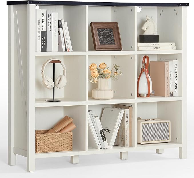 9 Cube Bookcase, Farmhouse 47 Inch Wide White Bookshelf, Wooden 3 Tier Display Large Open Book Shelf, Vintage Horizontal Book Case for Home Office, Cubby Storage Cabinet for Living Room-Ruum Studio Home