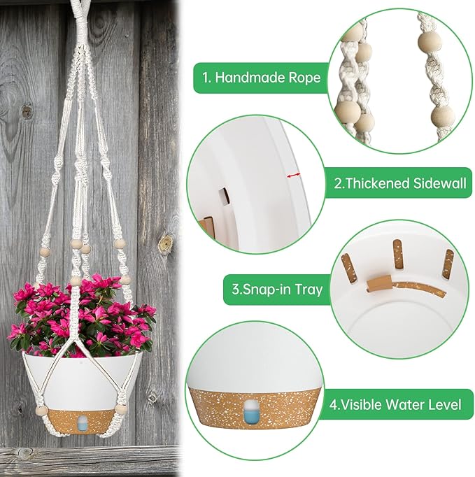 ZMTECH 2 Pack 10 Inch White Hanging Planters with Macrame Plant Hanger for Indoor and Outdoor Plants, Self Watering, Drainage Hole, Visible Level Tray-Ruum Studio Home