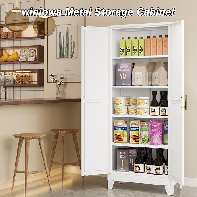 Metal Pantry Cabinet with 2 Doors and Adjustable Shelves - 71" Kitchen Storage Cabinet with Gold Handles - Versatile Storage for Kitchen, Bathroom, Dining Room, Utility Room - White-Ruum Studio Home