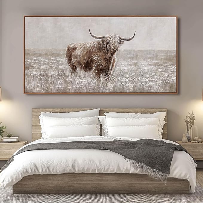 Farmhouse Highland Cow Wall Decor on Canvas with Framed Large Landscape Brown Artwork for Bedroom Living Room Office Decor 29x58 Inch-Ruum Studio Home