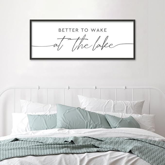 SRSZHIYUE Better To Wake At The Lake Wall Decor Above Bed Sign 32"×12" for Lake House Bedroom Over Bed Large Wood Framed Wall Hanging Art (Black)-Ruum Studio Home