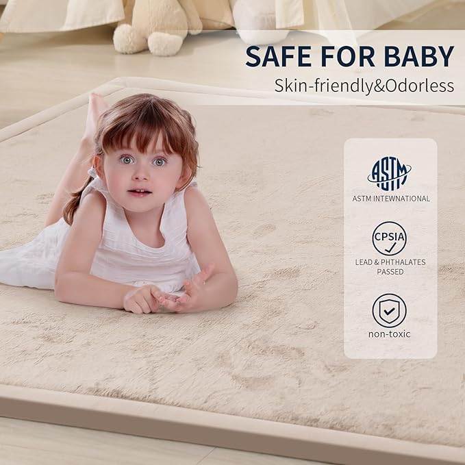 ACOMOPACK Baby Play Mat for Floor 1.3" Thick Memory Foam Play Mat 59"×71" Tummy Time Crawling with Non-Slip Bottom for Living Room,Nursery,Soft Velvet Playpen Mats for Kids,Infants（Beige）-Ruum Studio Home