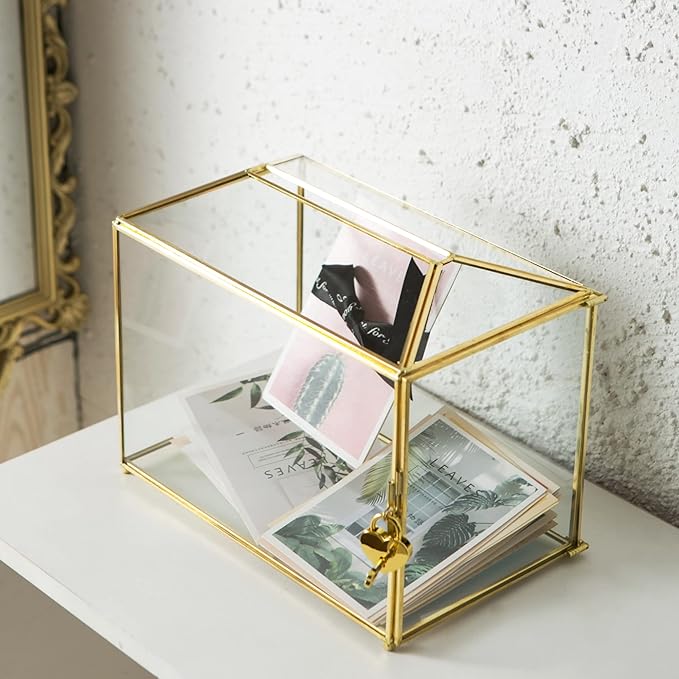 Glass Wedding Card Box with Slot, Large Clear Card Box 10.2 inch Gold Brass Gift Card Storage Box with Lock for Wedding Receptions, Baby Shower, Birthday Party, Bridal Shower-Ruum Studio Home