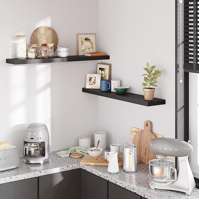 BAMEOS Floating Shelves, Black Wall Mounted Wooden Shelves with Invisible Brackets Set of 2,47 x 9-Ruum Studio Home