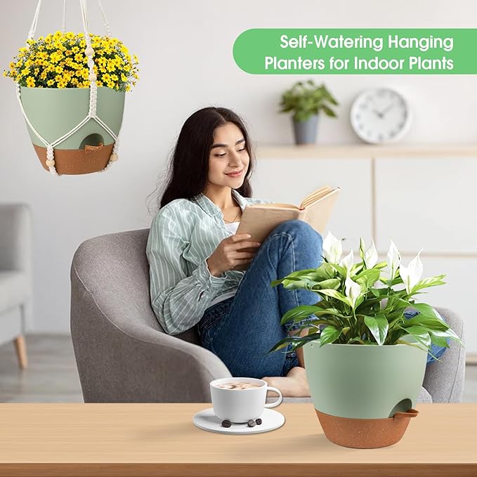 Hanging Planters for Indoor Outdoor Plants, 2 Pack Self Watering Hanging Pot with Drainage Holes, Removable Tray & 2 Kinds of Plant Hangers, 10'' Hanging Flower Pots for Home Garden Decor, Green-Ruum Studio Home